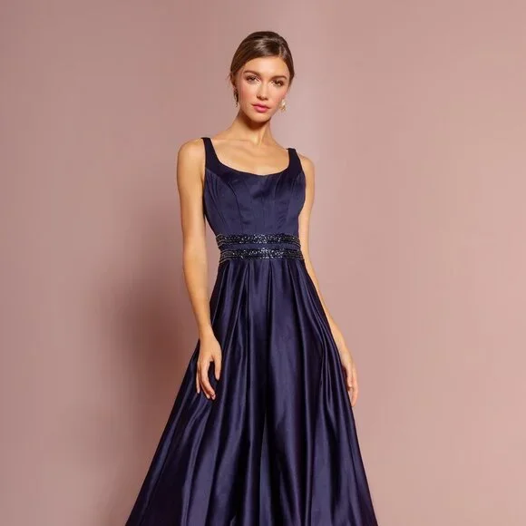 NEW LONG SLEEVELESS A-LINE SATIN DRESS WITH SCOOP NECKLINE AND SHEER BACK GL2531 - Picture 3 of 10